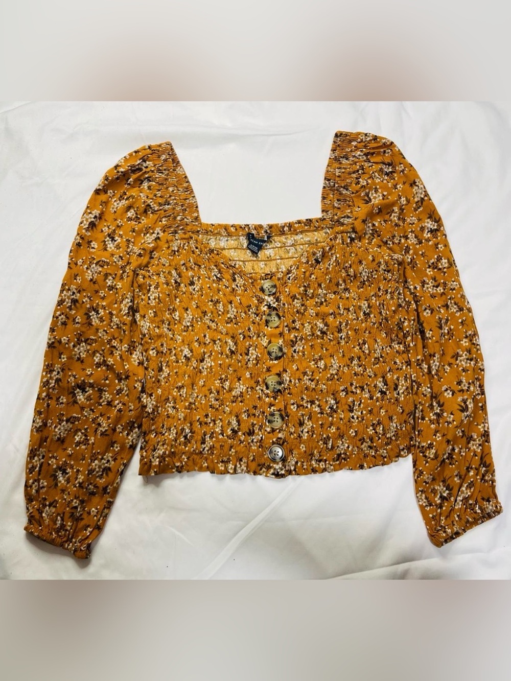 American Eagle Outfitters Mustard Floral Smocked Crop Top